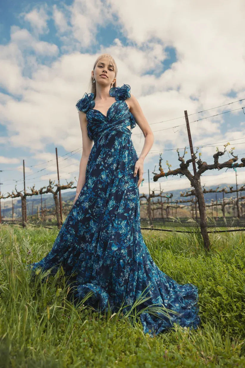 Weitese Dress Romantic Navy Tiered Floral Cut-Out Chiffon Gown Evening Dress A-Line Sleeveless Lace-up Back Prom Dress